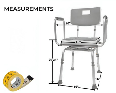 360 Degree Swivel Shower Chair With Back Support, Adjustable Height 20 To 25 Inches, shown with measurements and yellow tape measure