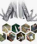 13 In 1 Multitool Pliers Kit With Safe Locking Carabiner And Sheath For Fishing And Camping Pro Pocket Tools in use for various tasks.