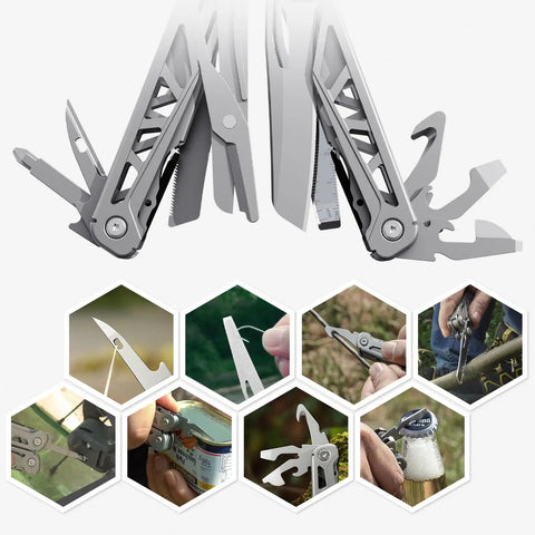 13 In 1 Multitool Pliers Kit With Safe Locking Carabiner And Sheath For Fishing And Camping Pro Pocket Tools in use for various tasks.