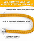 72 Inch Flexible Gas Line Kit Yellow Coated Stainless Steel Gas Hose With Five Eighths Outside Diameter And One Half Inside Diameter Includes Half FIP Adapters, Three Quarter MIP Adapters, And Half MIP Adapters For Dryer Stove Water Heater showing yellow coated corrugated steel hose, leak test confirmed.