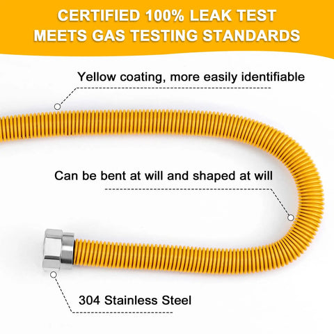 72 Inch Flexible Gas Line Kit Yellow Coated Stainless Steel Gas Hose With Five Eighths Outside Diameter And One Half Inside Diameter Includes Half FIP Adapters, Three Quarter MIP Adapters, And Half MIP Adapters For Dryer Stove Water Heater showing yellow coated corrugated steel hose, leak test confirmed.