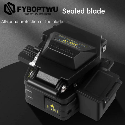 Black Three In One FTTH Fiber Cleaver with Auto Scrap Collector, tungsten steel blade, portable metal cutter for fiber cables.