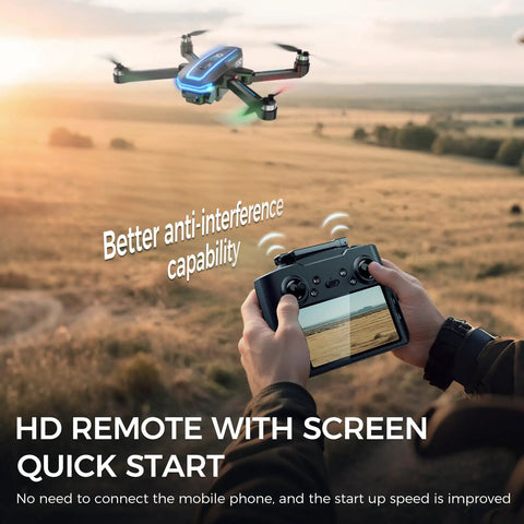 Person using GPS Drone With 4K HD Camera For Grownups, 4.5 Inch Screen On Remote in field, highlighting anti-interference capability