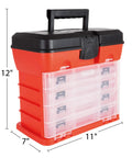 Portable Small Parts Organizer Box With 11 Inch Storage Case And 4 Removable Multi Compartment Trays, red and black design.