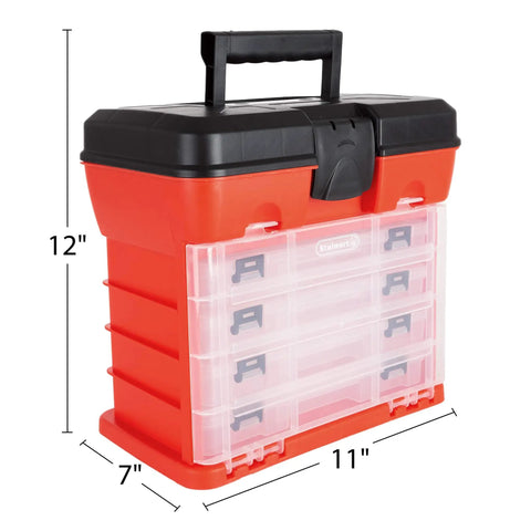 Portable Small Parts Organizer Box With 11 Inch Storage Case And 4 Removable Multi Compartment Trays, red and black design.