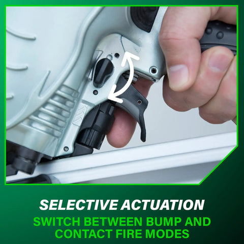 Close-up of selective actuation switch on Pro Grade Framing Nailer For Roofing, Flooring, Truss Build Up, Subfloor And Decking With Quick Switch Nailing And Three And One Half Inch 30 Degree Paper Collated Nails NR90ADS1
