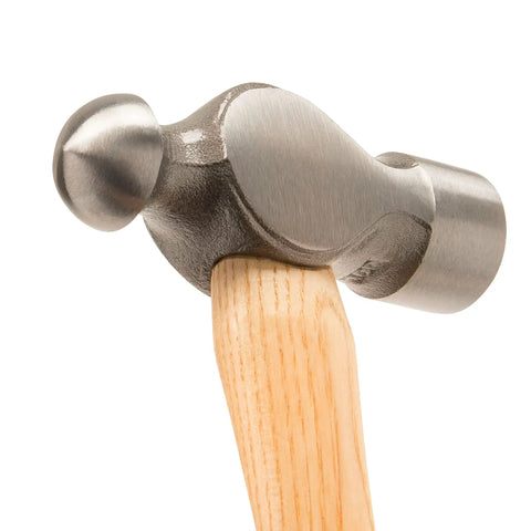 Close-up of Sure Strike Ball Peen Hammer 16 Oz Beefy Heavy Duty Metalworking Tool with forged steel head and hickory wood handle