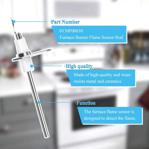 Close-up of a 0130F00010 furnace burner flame sensor rod, metal and ceramic, showing part number and functions for gas furnaces.