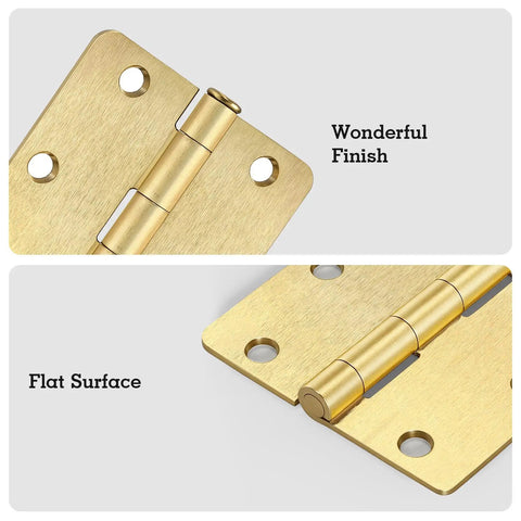 Close-up of Satin Brass Rounded Door Hinges Three And A Half Inch One Quarter Radius with flat surface and smooth finish.