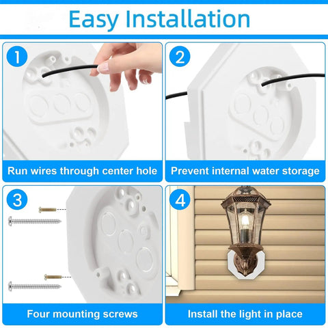 PVC Vertical Siding Lamp Mounting Kit With Built In Electrical Box For Exterior Lights Four Inch Diameter Octagon Mount Fits Half Inch Siding Durable Vinyl Block For Easy No Sweat Outdoor Lighting Install, white octagon mount