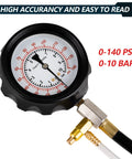Front view of 0-140 PSI fuel pressure tester gauge kit, black housing with brass fittings
