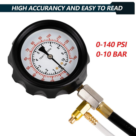 Front view of 0-140 PSI fuel pressure tester gauge kit, black housing with brass fittings