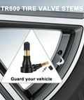 Front view of Riseuvo TR600HP tire valve stem with brass core and black rubber body
