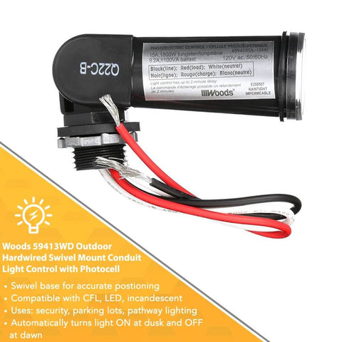 Outdoor Conduit Lighting Control With Photocell Sensor for Dusk to Dawn Auto Operation, black hardwired unit with swivel mount base