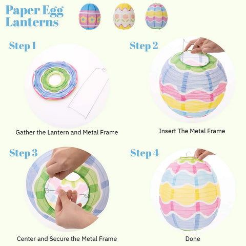 Assembly steps for 9 Piece Easter Paper Lantern Set With Bunny And Egg Designs, Reusable 10 Inch Pastel Hanging Lanterns.
