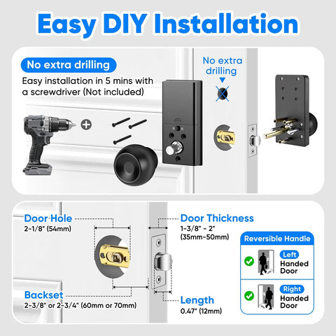 Easy DIY installation guide for Game Changer Keyless Entry Deadbolt Door Lock with Sleek Knobs, showing tools and sizes.