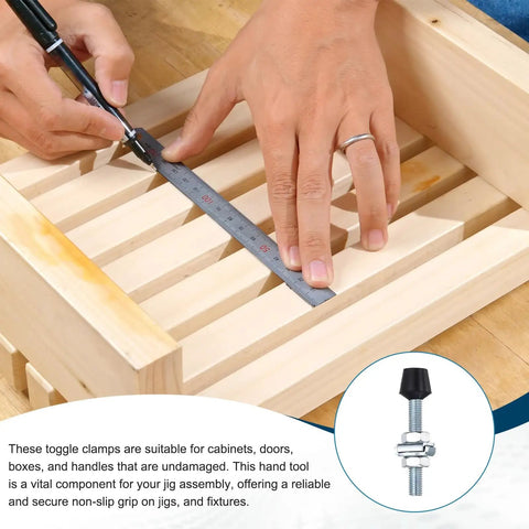 Two Pack Rubber Head Toggle Clamps M8x70mm Carbon Steel Zinc Plated For Boxes, Cabinets, And Doors Includes Screws And Washers Built Tough For Quick Install And Secure Hold on wooden jig