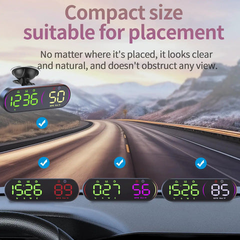 Top Shelf Head Up Display For Rivian R2 2026 4 compact digital gauges displaying speed and time on a dashboard.