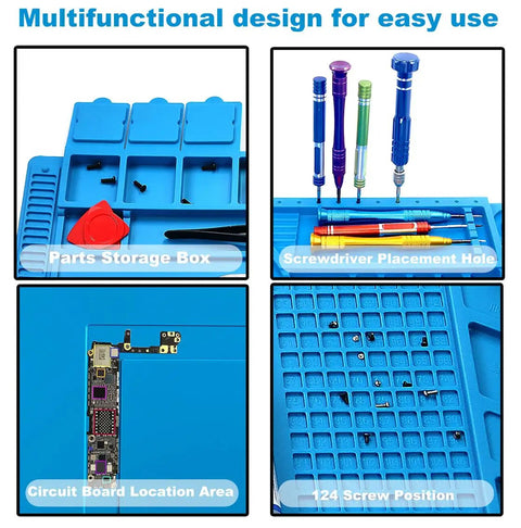 Pro Grade Heat Resistant Soldering Mat 932F Silicone Anti Static Magnetic Electronic Repair Work Surface shown with tools and circuit board placement areas