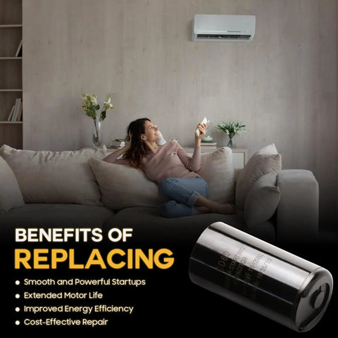 161 To 193 Uf Round Motor Start Capacitor For 220 To 250 Volt AC Motors resting on a sofa with air conditioner in background