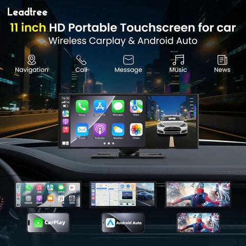 11-inch HD touchscreen with Wireless CarPlay and Android Auto in car dashboard, navigation and media icons visible