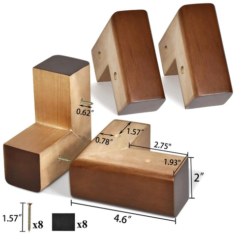 Solid Wood Furniture Legs Set With L Shaped Bed Risers For Sofa Couch Dresser Cabinet And Table Feet 4 Pack Durable Easy On The Knees Boosts Clearance Smooth Edges, shown in close-up with dimensions and hardware