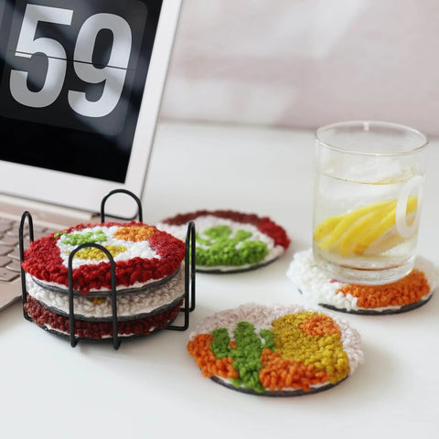 Punch Needle Coaster Kit For Beginners And Adults With Patterns Tools Yarns Hoop Adhesives Coaster Holder on desk
