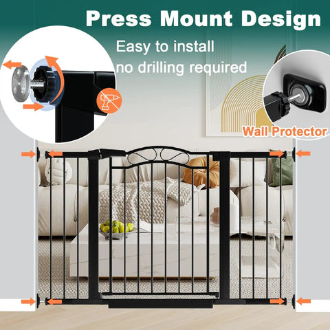Walk-Through Baby Gate With Door For Openings 29.53 To 32.28 Inches Wide Pressure Mounted No Drill Indoor Gate For Stairs And Doorways Auto-Close Child Safety Gate Black showcasing pressure mount design in living room.