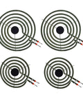 MP22YA 4 Pack Electric Range Burner Element Set For Kenmore Maytag Whirlpool Norge And Hardwick Stovetops, 2 MP15YA 6 Inch and 2 MP21YA 8 Inch Burners displayed flat, high temp stainless alloy