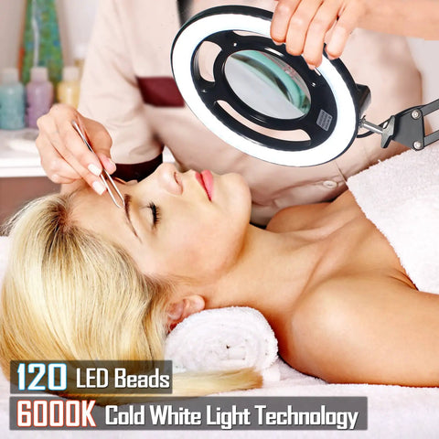 12X Magnifying Glass With Light LED Lamp Clamp On Arm used in beauty work, showcasing bright 2200 lumens illumination.