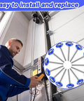 Professional installing garage system adjacent to 24 Pack Nylon Garage Door Rollers 1.8 Inch Replacement Wheels For 2 Inch Track Blue