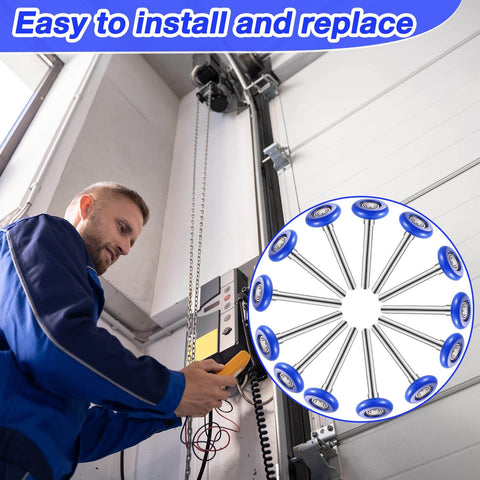 Professional installing garage system adjacent to 24 Pack Nylon Garage Door Rollers 1.8 Inch Replacement Wheels For 2 Inch Track Blue