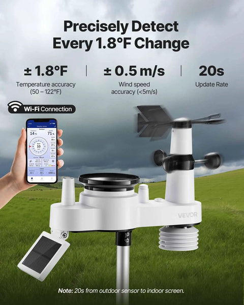 Totally All In One Wi Fi Weather Station With App And Seven Point Five Inch VA Display Solar Powered Outdoor Sensor Rain Gauge Indoor Outdoor Forecast Wind Speed Temperature Humidity Rainfall Moon Phases Dew Point Plus Six To Twelve Hour Forecasts, outdoor sensor and app screen