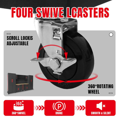 Close-up of caster wheel for 8 Piece Garage Storage Cabinet System With Locking Steel Cabinets Rolling Chest Pegboard And Workbench Black