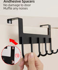 Over The Door Towel Rack With 5 Heavy Duty Aluminum Hooks being installed on door, matte black, adhesive spacers visible