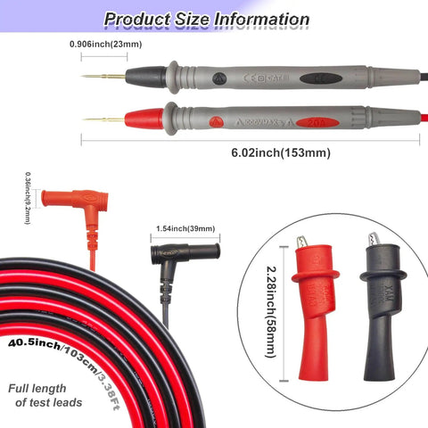 Pro Grade Multimeter Test Leads Kit With 1000V 20A Capacity 40.5 Inch Silicone Probes And Ultra Sharp Gold Plated Tips Handy Alligator Clips For Hands Free Testing Compatible With Fluke AstroAI Klein And Automotive Diagnostics showing probe dimensions and alligator clips.