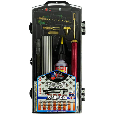 Universal One Stop Gun Cleaning Kit for Pistol Rifle and Shotgun with Premium Stainless Rods Brass Jags Bore Brushes Patches CLP and Grease Made in USA Multi Caliber Cleaning Set in case