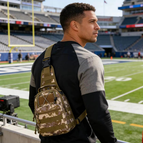 Man wearing Waterproof Tactical Crossbody Backpack With MOLLE System Outdoor EDC Sling Chest Bag on a sports field