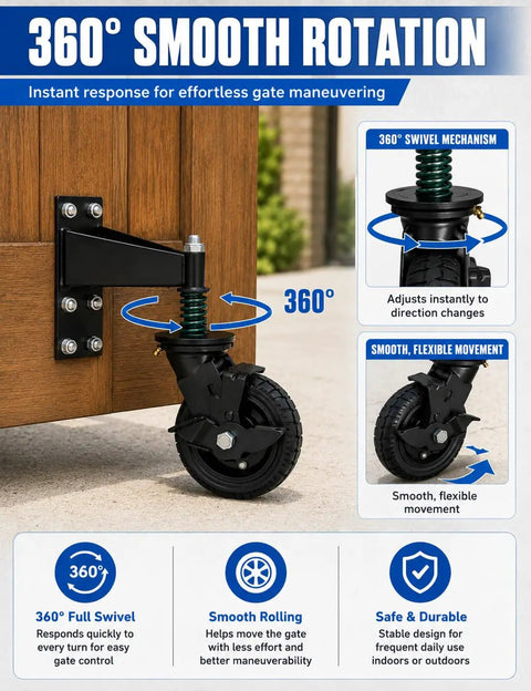 Hefty Black Fence Gate Rollers With Secure Locking Brake, 600 Pound Rock Solid Anti Sag Setup For Metal Tubes And Wood Gates demonstrating 360° smooth rotation.