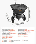 Tow Behind Lawn Spreader For Seed Fertilizer Ice Melt, 9.8 Foot Spreading Width, 85 Lb Hopper, 10 Inch All Terrain Tires, Adjustable Flow Control, Broadcast Spreader Pro Grade For Yard Work And Lawn Care showing specifications and features.