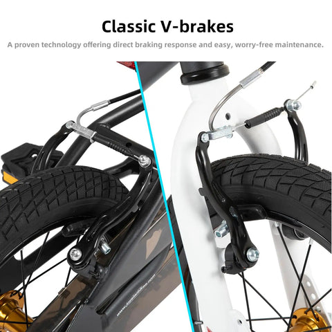 Close-up of classic V-brakes on Lomand 16 Inch Kids Bike With Training Wheels For Boys And Girls Ages 4 To 7 in gray.