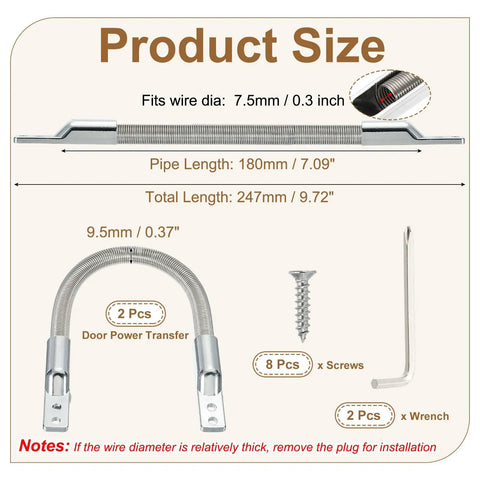 Armored Loop Power Transfer Cable Protector For Doors 7 Inch Gooseneck Fits 7.5mm Cables Silver 2 Pack Stainless Steel And Zinc Alloy Rustproof Shield With Exposed Mounting Sleeve End Cap To Prevent Wire Pinching For Access Systems, size chart