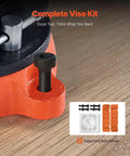Close-up of Heavy Duty 8 Inch Bench Vise With 360 Degree Swivel Locking Base and support components on wooden surface