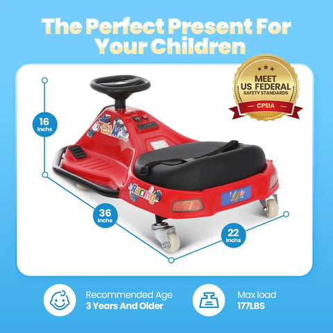Side view of red 24V Electric Drifting Go Kart For Kids 3 And Up With Glowing Wheels Two Speed Switch Anti Rollover Safety