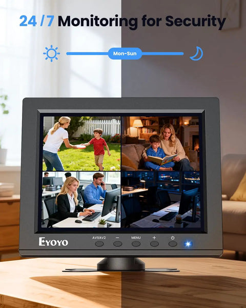 8-Inch Security Camera Monitor With HDMI VGA BNC AV USB Inputs, 1024x768 Mini LCD Display, showing various security footage