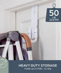 Over The Door Stroller Hanger No Drill Heavy Duty Metal Holds 50 Lb Adjustable Arms installed on door with stroller