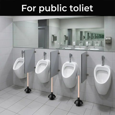 Six Piece Heavy Duty Toilet Plunger Set With Holder, 18 Inch Commercial Rubber Force Cups For Stubborn Clogs, Real Deal Durability For Quick Drain Fixes, Straight Shooter Black Bulk Bundle in public restroom setting.