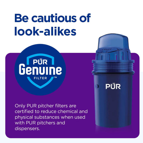 XL 44 Cup Water Filter Dispenser With Genuine PUR Filters, emphasizing authenticity and proper use certification badge.