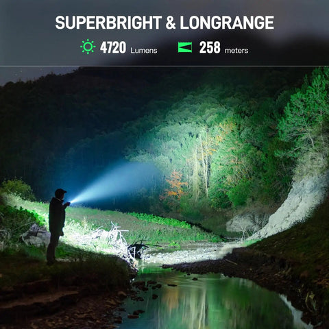 Person using Rechargeable 4720 Lumen LED Flashlight With USB-C, 6 Modes, IPX8 Waterproof, illuminating a forest at night