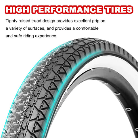 Close-up of a 2 Pack 26 By 2Point125 Inch Folding Bicycle Tire tread with white wall, showing grip pattern for beach cruiser bikes.